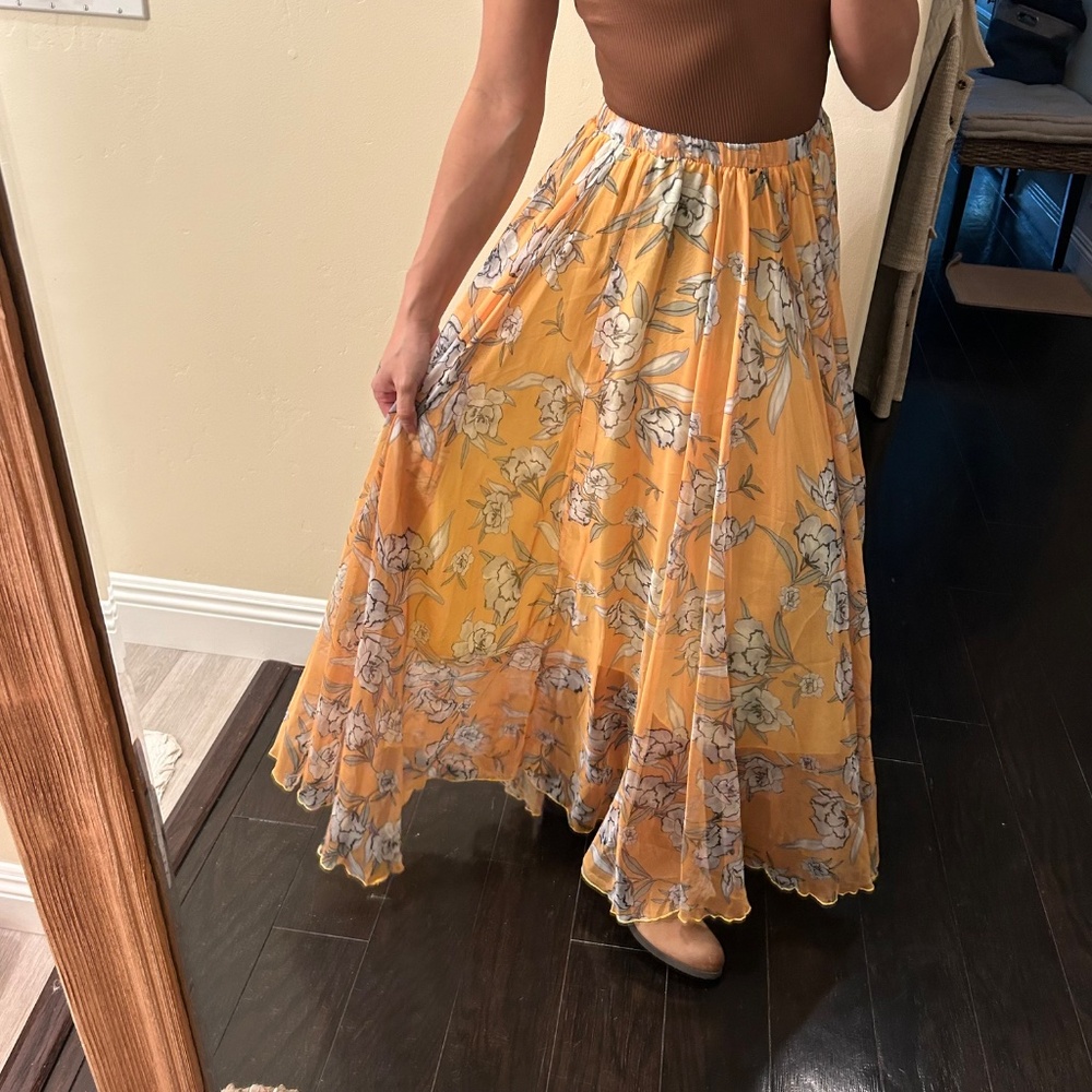 Mustard Floral Sheer Maxi Skirt XS/S Elastic Waist Boho Cottagecore - Picture 4 of 6